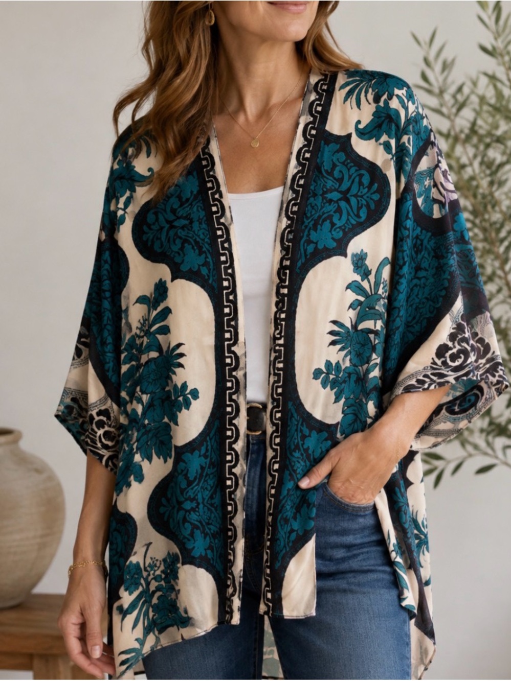 Johnny Was Teal and Cream Floral Open-Front Kimono B3